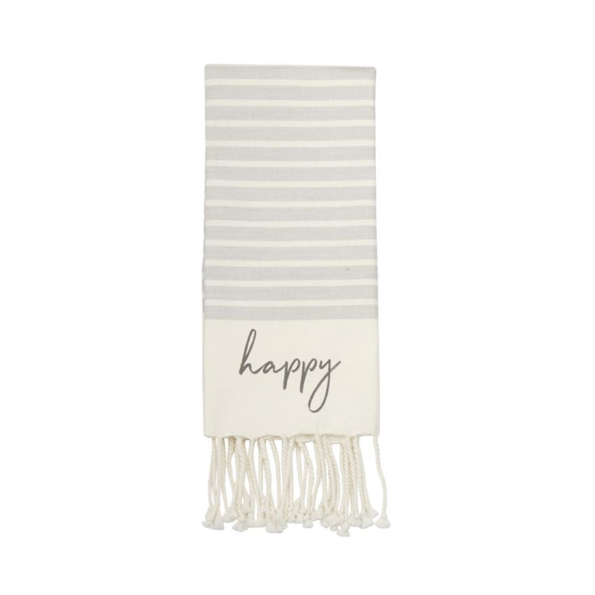Gray and white striped Turkish hand towel with twisted tassel trim and happy printed in dark gray
