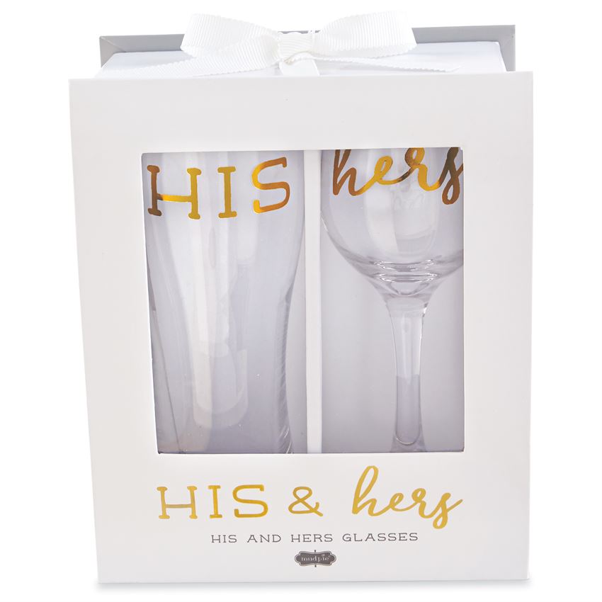 Beer and wine glass in a gift box with acetate window.  Gold foil text on beer glass says 'His', on the wine glass 'Hers'