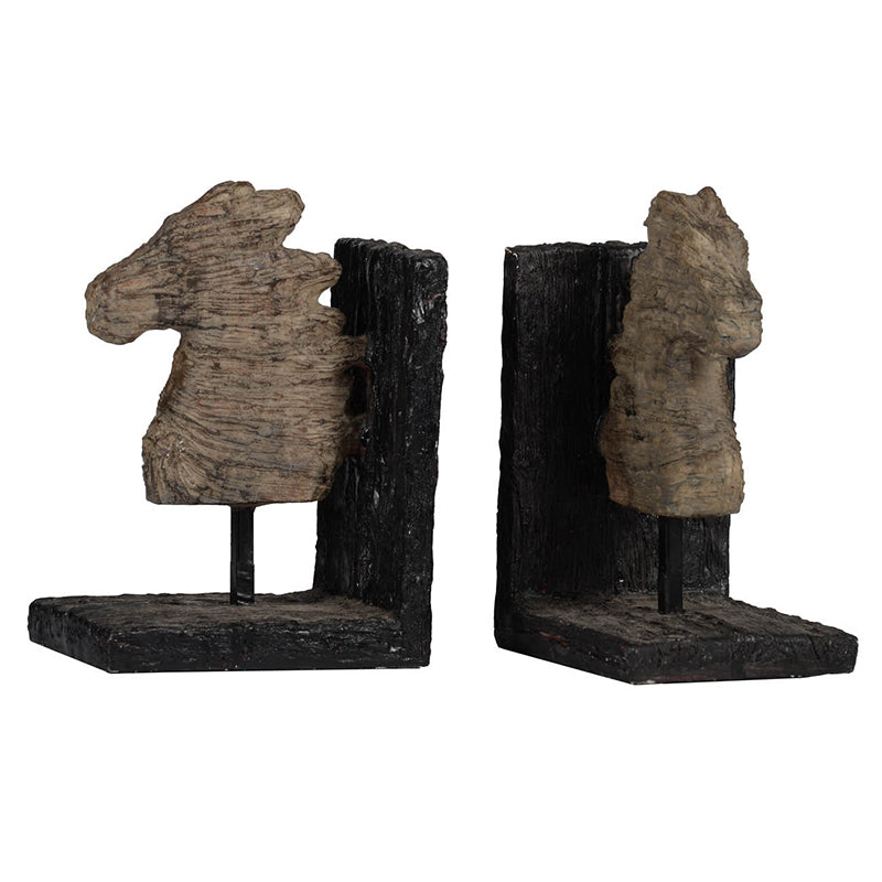 Rustic horse themed bookends.  Horses and supports appear to be carved.  Horses are tan and supports are dark brown.