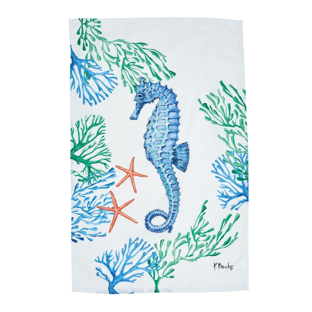 White cotton kitchen towel with an image of a blue seahorse and coral printed on it
