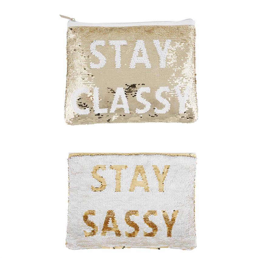This photo shows the two sayings on the same case in the swipe sequins.  The top version says 'stay classy' in white, on a gold background.  The bottom says 'stay sassy' in gold on a white background.