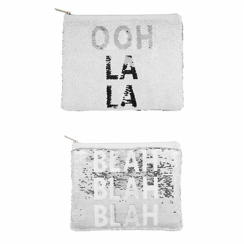 This photo shows the two sayings on the same case in the swipe sequins.  The top says 'ooh la la' in silver text on a white background.  The bottom says 'blah blah blah' in white text on a silver background.