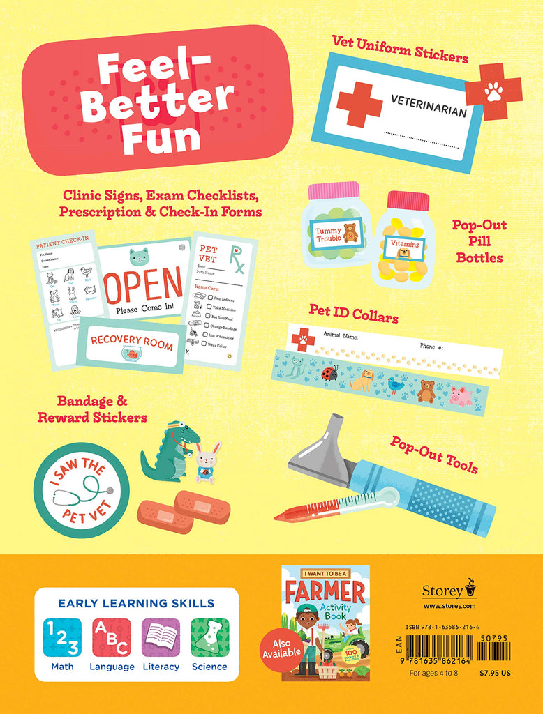 The back cover of 'I Want to be a Vet.'  It details what is included in the book such as Pet ID Collars, Pop Out Tools, Bandage and Reward Stickers, Exam Checklists and more!