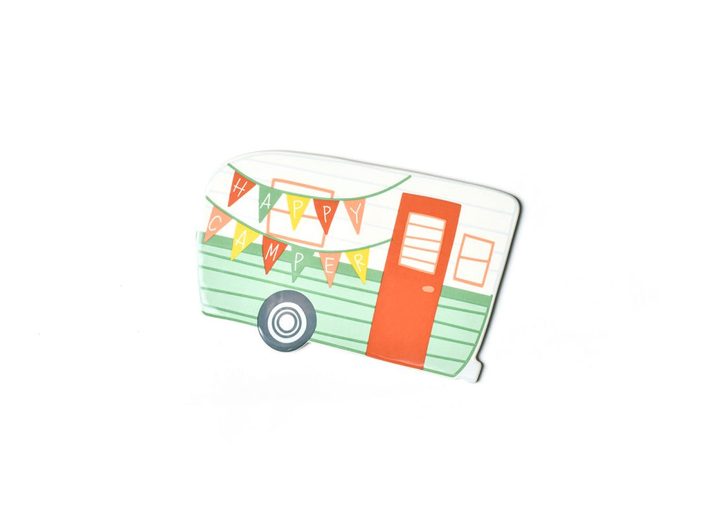 A ceramic cutout of a retro camper.  The camper is half white and the lower half is mint green, with a coral colored door.  There are pennants on the back of the camper, and each letter of the following is on its own pennant 'Happy Camper'.  The pennants are alternating red, green, yellow, and coral.