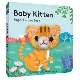Cover and spine photo of "Baby Kitten Finger Puppet Book".  Background is illustration of a back yard with trees grass and flowers.  The kitten's body is drawn and the face is a plush finger puppet that is poking through the cover.