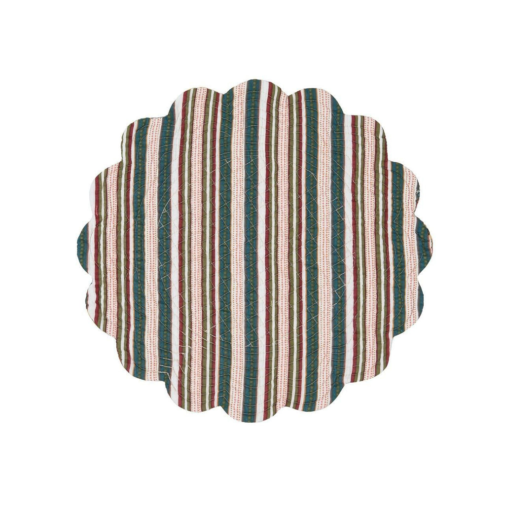 A round scalloped quilted placemat on a white background.  The pattern is of vertical stripes in hues of ochre, tomato, blue, green and brown.  