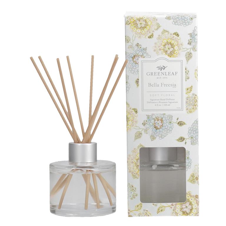 An image of a reed diffuser outside of its accompanying box.  The box itself has blue and yellow floral print all over it and the label reads 'Bella Freesia Soft Floral Signature Reed Diffuser'
