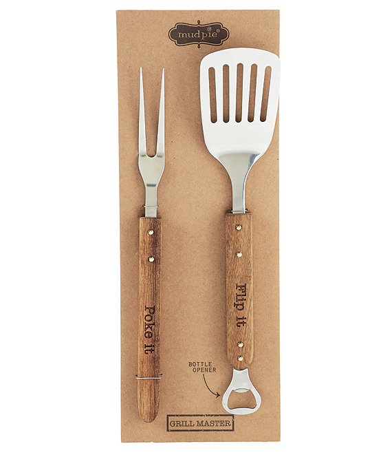 Fork and Spatula Grill set, tied together on cardboard display.  Fork features the words 'poke it' on the handle.  Spatula features, 'Flip it' and includes a bottle opener at the base.
