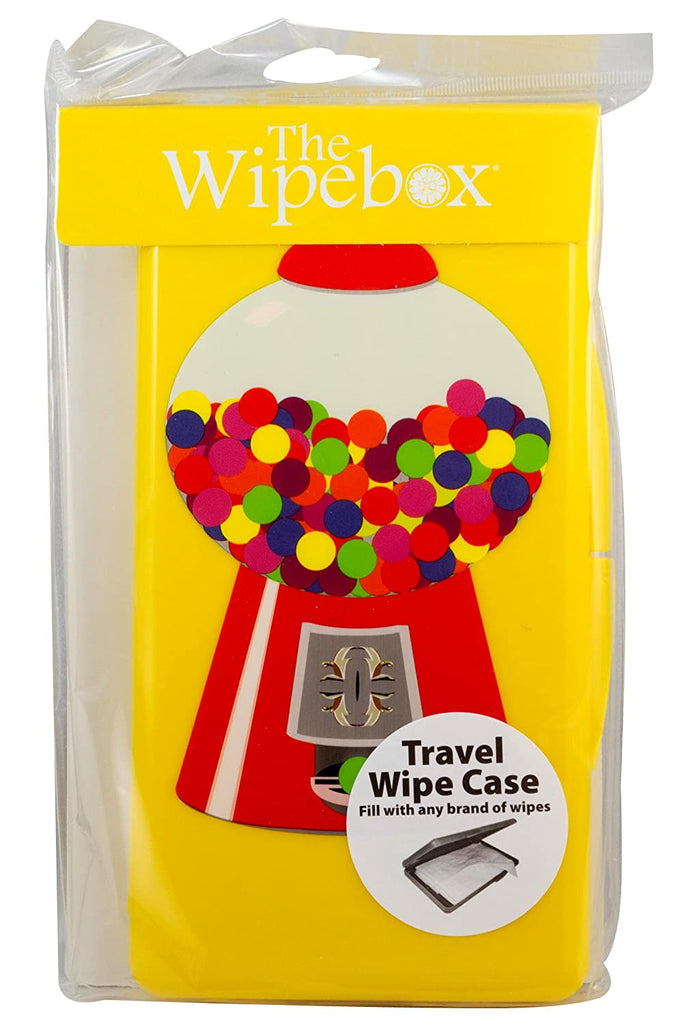 A clear plastic bag with a travel wipe case in side.  The bag has a printed label at the top that says 'The Wipebox'.  The case itself has an illustration of a gumball machine on it.