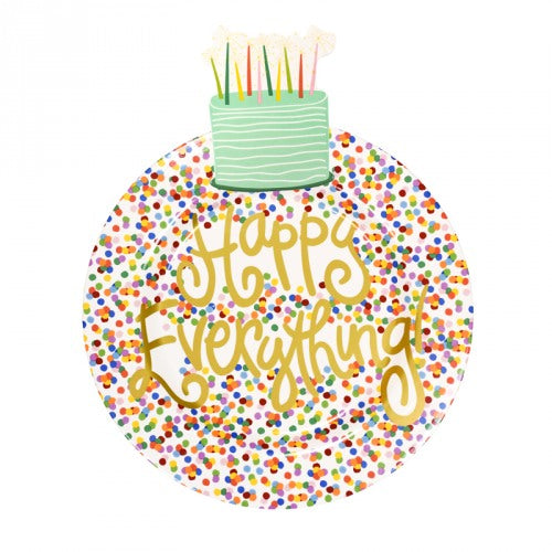 Platter with colorful confetti graphic printed over entire piece, Happy Everything! is written in gold script across the plate.  An attachment of a mint green cake with sparklers on it, is featured on the top of the plate above the text.