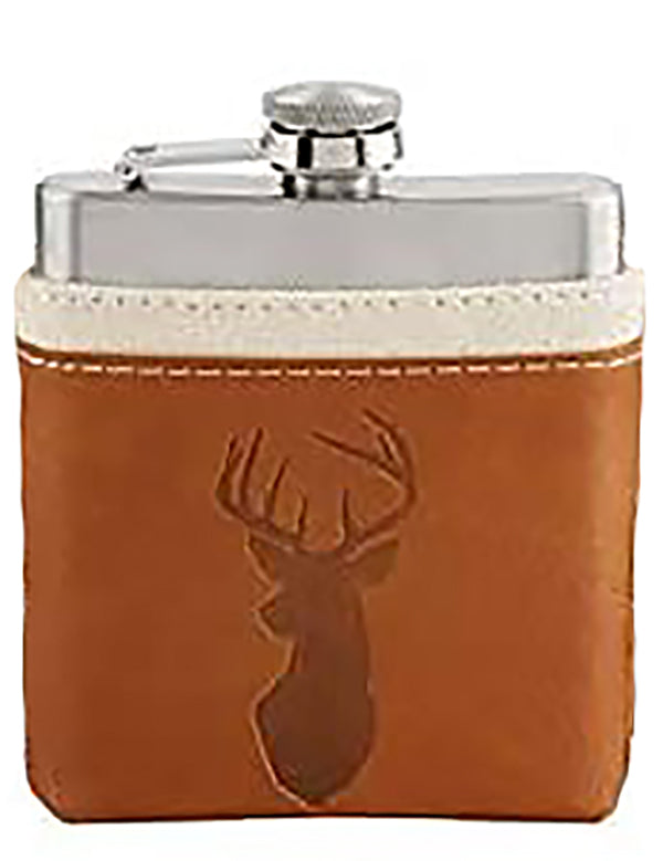  A stainless steel flask in a canvas and fake leather pouch with an image of a deer.  The silhouette of a deer looking to the left.