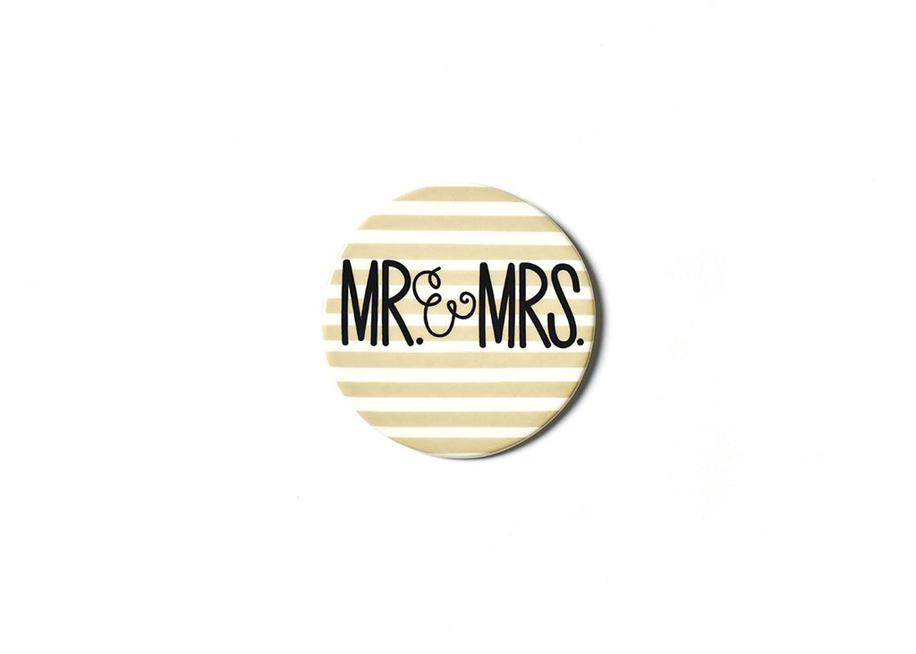 A flat round ceramic cut out that has a tan and white horizontal stripe background and the text 'Mr. & Mrs.' written on top in black block font.