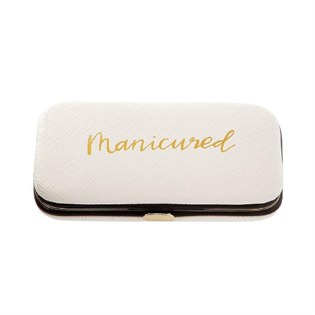 5 piece manicure kit, white with gold text that says manicured