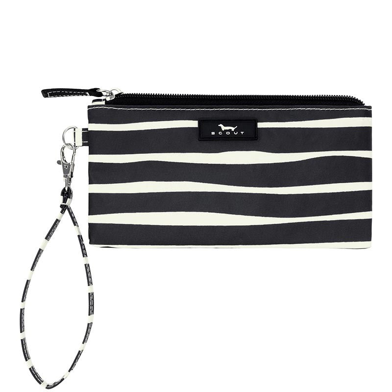 Black and white striped wristlet purse with detachable strap