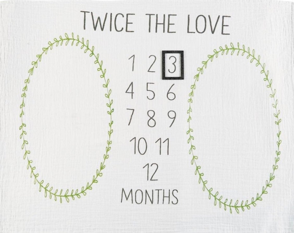 Image of blanket featuring the text 'twice the love' above numbers 1-12 and a moveable photo frame to highlight the current month.  Green ivy ovals on either side of the numerals for each baby to be set in while photographed.