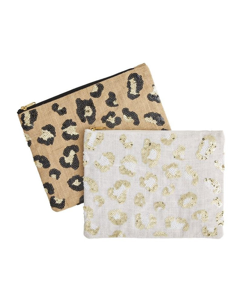 An image of two leopard patterned jute cases on a white background.  The one in back has a tan body and leopard print in black and gold sequins.  The one in front is white jute with white and gold sequined leopard print.