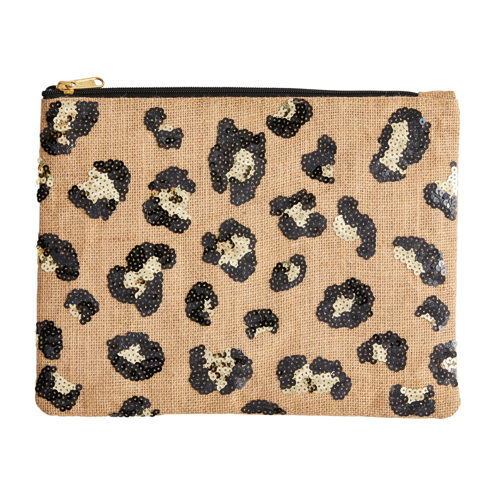 A rectangular jute case with zipper on top.  The side of the bag features a leopard pattern made out of black and gold sequins.