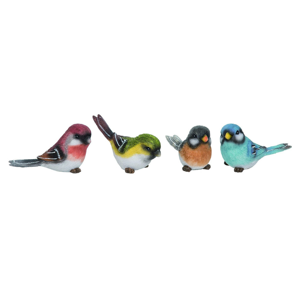 An image of four small resin bird statues on a white background.  From left is a bird with red chest and head with black wings and tail looking forward.  Second is a yellow bird with black wing and tail looking down.  Third is an orange chested bird with a gray head and gray tail looking forward.  Last is an overall blue bird with yellow beak looking up and to the left.