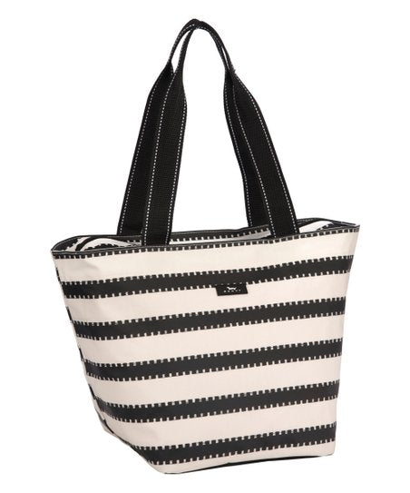 Black and white striped tote bag with black handles