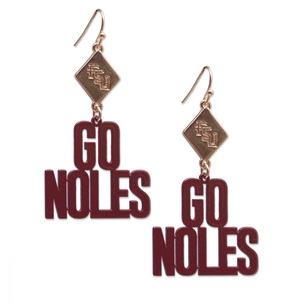 A pair of earrings on a white background.  A diamond shaped pendant hangs from the hook and has the FSU school logo engraved on it.  Hanging from the bottom of each diamond is a metal cutout of maroon text that says Go Noles