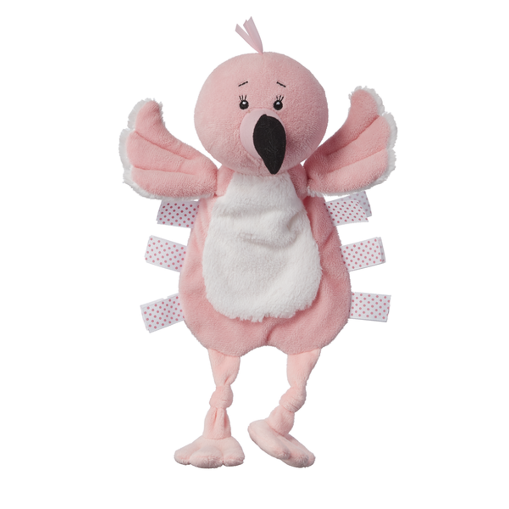 A plush flamingo on a white background.  The body of the flamingo is flat and on the left and right sides feature tabs for a baby to explore.