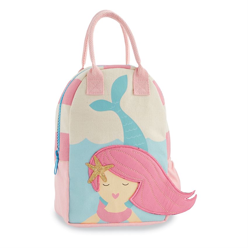 A kids canvas backpack with pink handles and striped pink and cream sides.  The front of the backpack features a printed image of a mermaid with her tail towards the top of the bag, and face towards the bottom.  Her pink hair is an appliqué piece applied to the bag and extends beyond the right side of the bag.  She also has a shimmering gold starfish in the part of her hair.