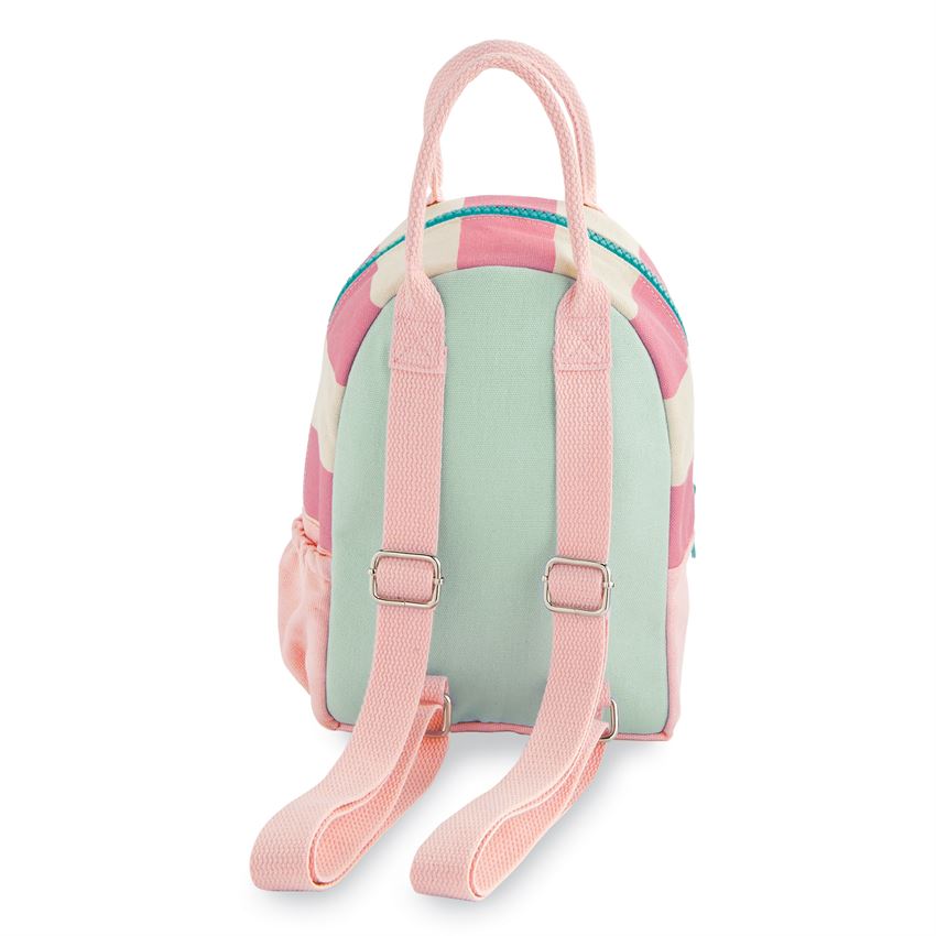 The view of the back of a kids backpack.  The over shoulder straps are pink with an adjustable clasp.  The face of the back of the backpack is teal, and the sides are alternating pink and cream.  The top zipper is dark teal.  