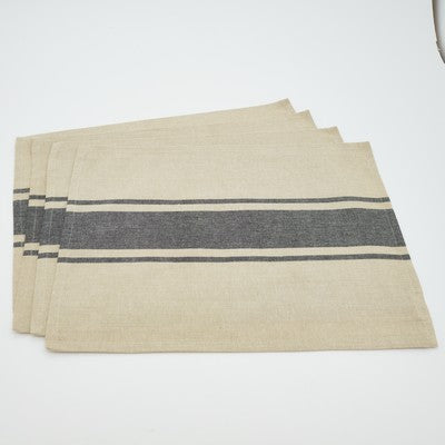 Stack of 4 tan placemats with a thick horizontal gray stripe in the middle.  A thin gray stripe is also running parallel above and below the thick stripe.