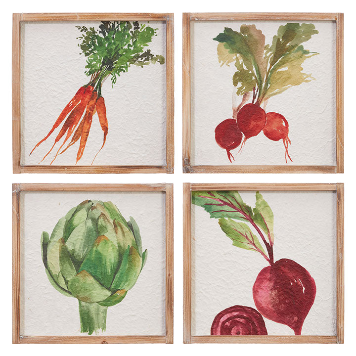 A collection of four framed pieces of art on a white background.  Each piece is framed in unfinished wood and the prints inside are on crinkled watercolor paper.  The top row features watercolor images of carrots in one frame, and three radishes in the other.  The bottom row has a large artichoke in the left frame, and two beets in the right.