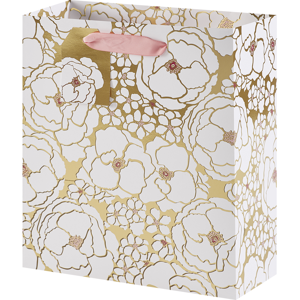 An open gift bag with a gold metallic background.  Printed on it is a pattern of white flowers with pink and magenta details.