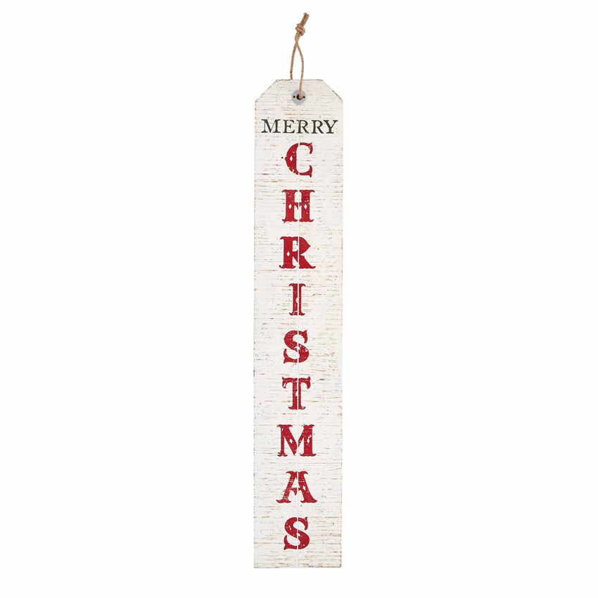 Back of 'Welcome' Sign, wooden distressed white washed sign with jute loop at the top for hanging.  'Merry Christmas' is written horizontally in dark green text above 'Christmas' which is lettered vertically in a red font.