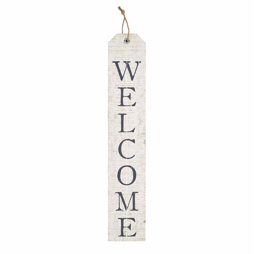 Wooden distressed white washed sign with jute loop at the top for hanging.  'Welcome' is lettered vertically in a gray serif font 