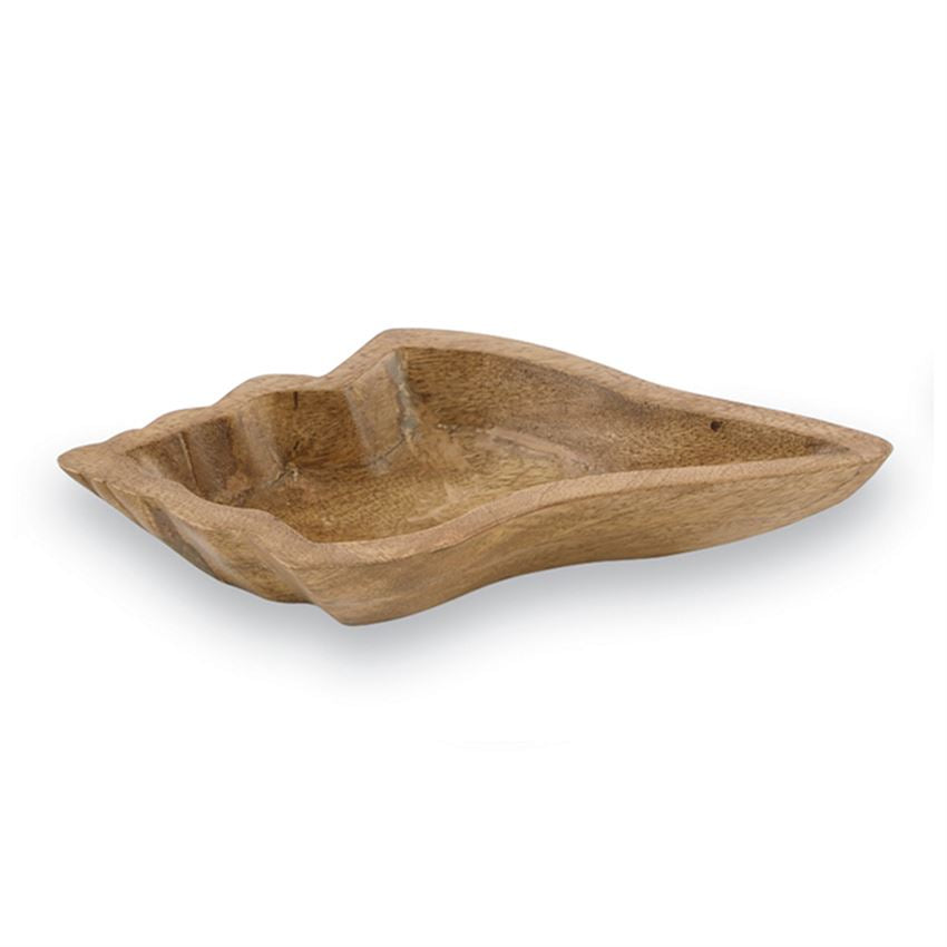Wooden bowl carved into the shape of the silhouette of a conch shell
