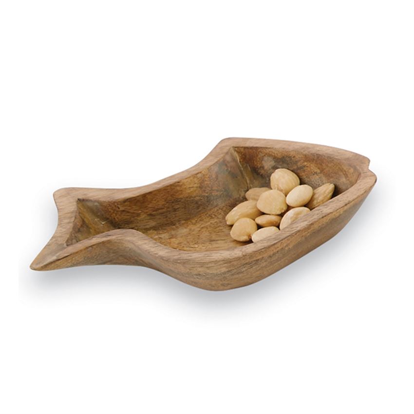 Wooden bowl carved into the shape of the silhouette of a fish, with nuts
