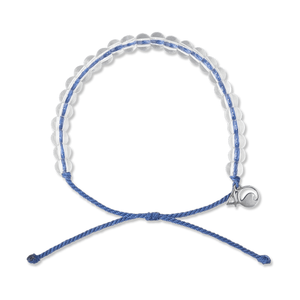 A bracelet made from post-consumer recycled palstic and glass, with blue cord