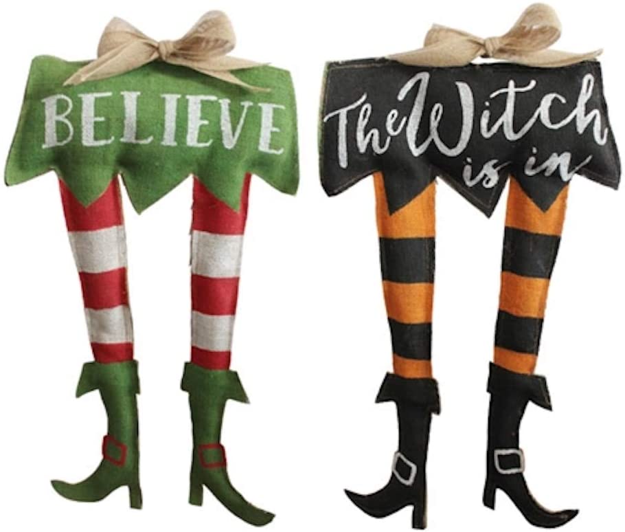 Double Sided Wall hanging sign.  One side appears to be an elf from the waist down, with Believe written on the tunic, red and white striped legs and green elf boots.  The other side is a witch with 'The Witch Is In' on the bottom of the black skirt, orange and black striped legs and black boots.