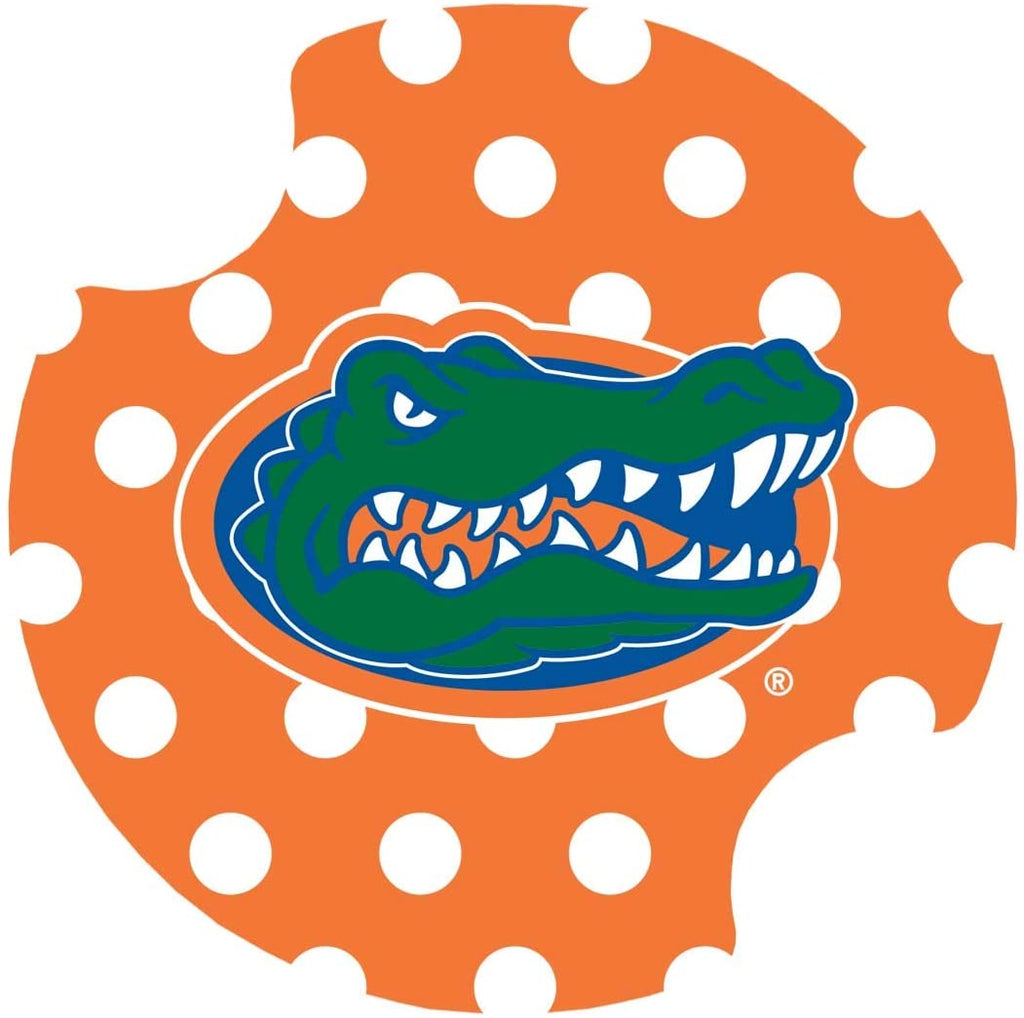 An image of a circular car coaster from above.  The coaster is overall orange with white polka dots; and the UF gator logo is printed on top in the middle.  The coaster features two notches diagonally across from each other that allow for easy lifting out of a car cup holder.