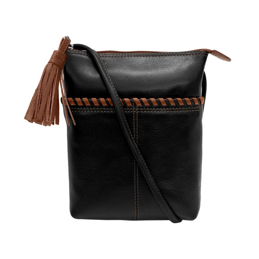A black leather crossbody purse with a black strap positioned diagonally across it.  The zippered enclosure on the top has a brown fringed tassel attached.  The exterior pocket features a brown leather whipstitched embellishment along the top.