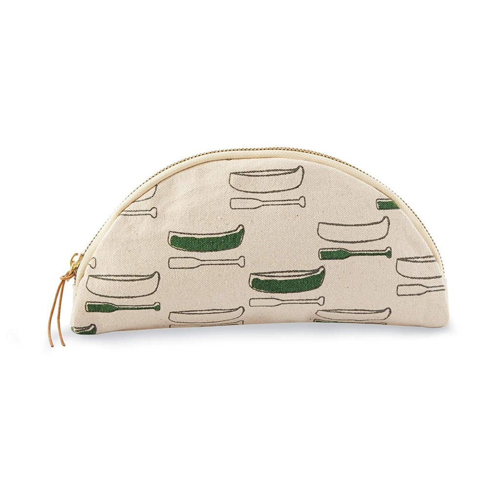 Semi-circle canvas cosmetic bag with zipper and leather tie zipper grab.  Features a canoe and oar repeating pattern printed on the side.  Alternating canoes and oars are filled in like watercolor paint with green.
