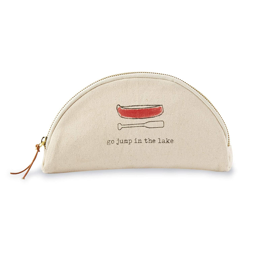 Semi-circle shaped canvas cosmetic bag with zipper and brown leather tie zipper grab.  A red canoe and oar with the text 'go jump in the lake' is printed on the side of the bag.
