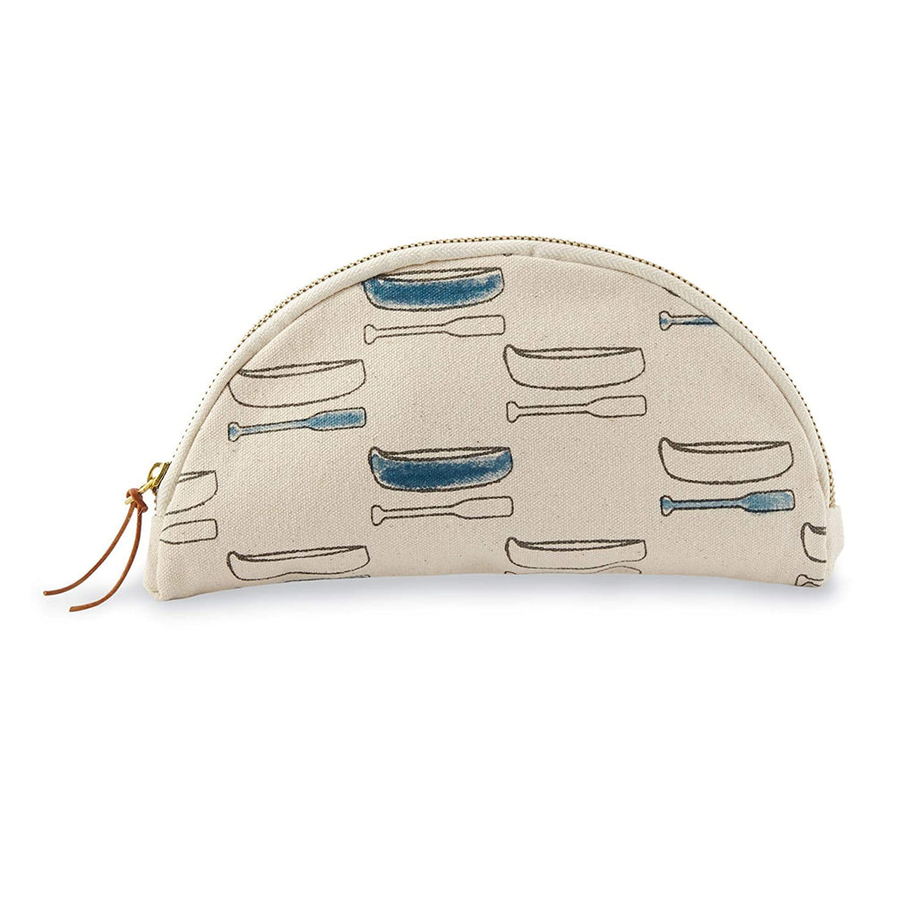 Semi-circle canvas cosmetic bag with zipper and leather tie zipper grab.  Features a canoe and oar repeating pattern printed on the side.  Alternating canoes and oars are filled in like watercolor paint with blue.