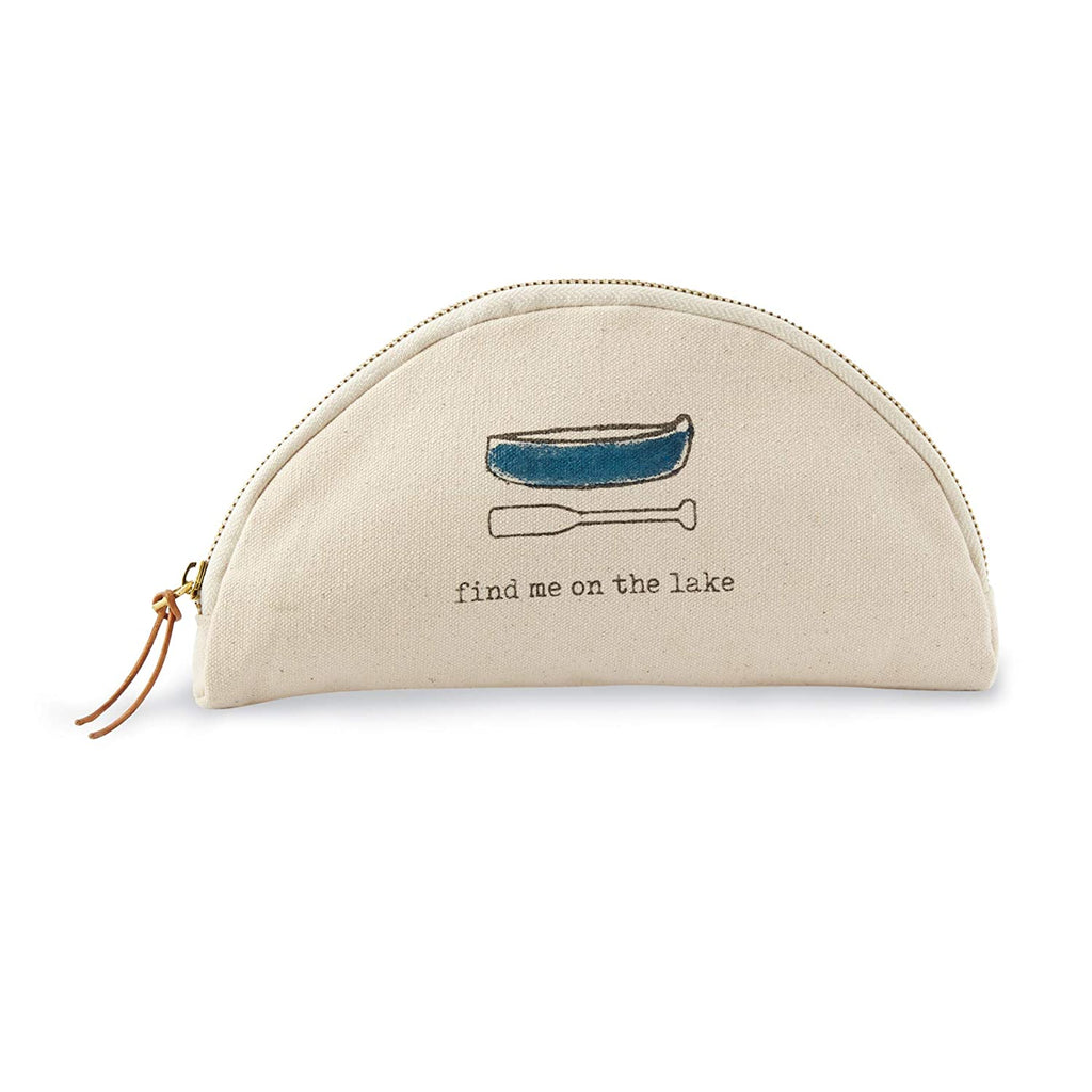 Semi-circle shaped canvas cosmetic bag with zipper and brown leather tie zipper grab.  A blue canoe and oar with the text 'find me on the lake' is printed on the side of the bag.