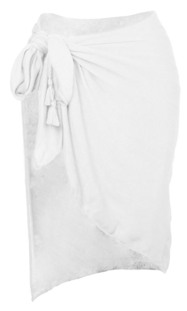 White sarong tied to the side with a knot and a tassel.
