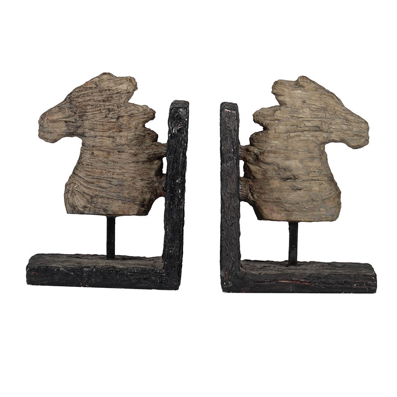 Rustic horse themed bookends.  Horses and supports appear to be carved.  Horses are tan and supports are dark brown.  View from Front