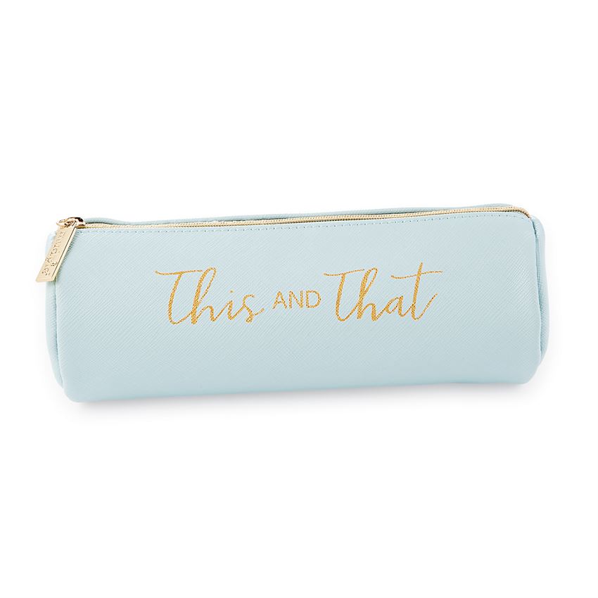 Blue leatherette brush bag with gold text saying 'this and that'