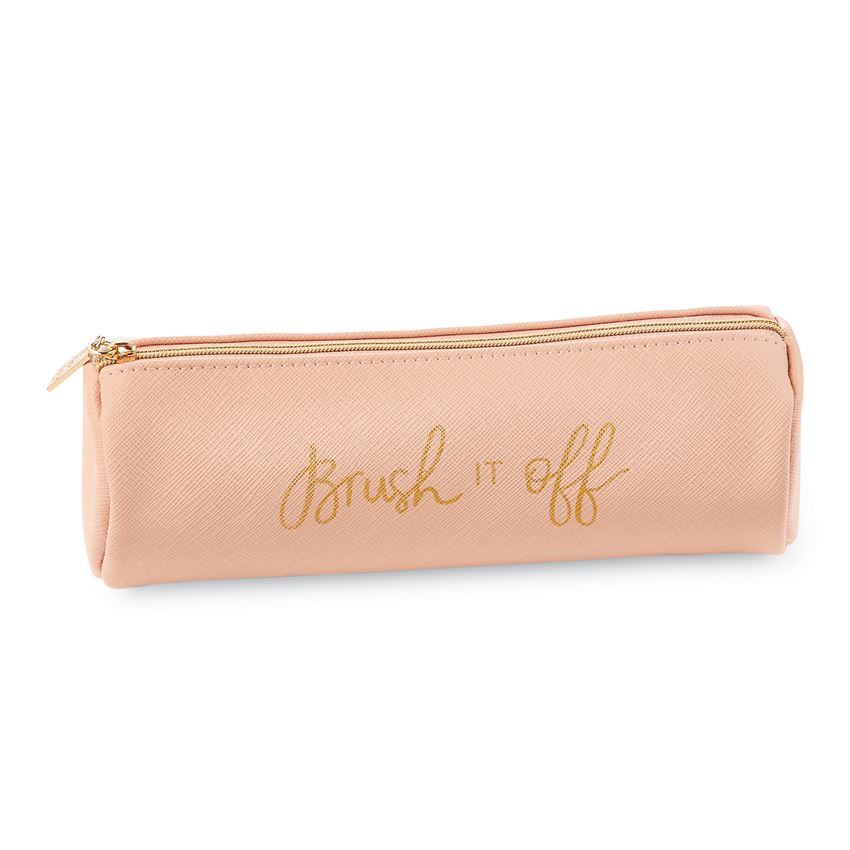 Pink leatherette brush bag with gold text saying 'brush it off'