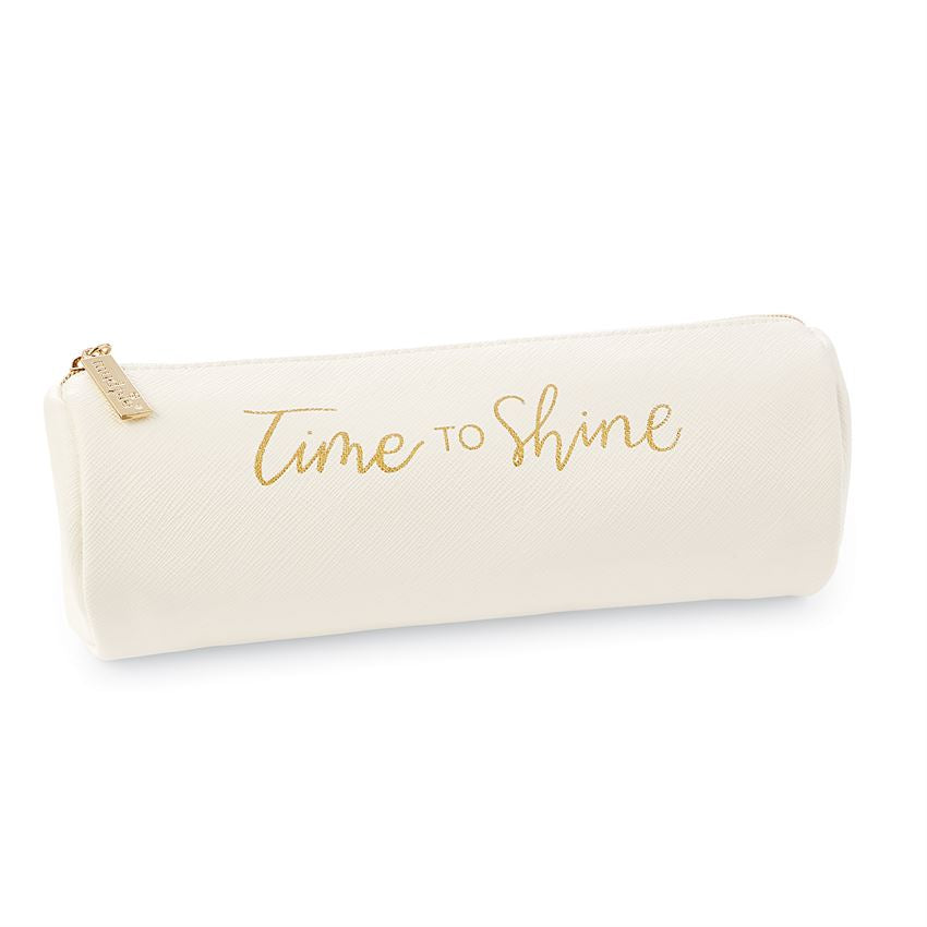 White leatherette brush bag with gold text saying 'time to shine'