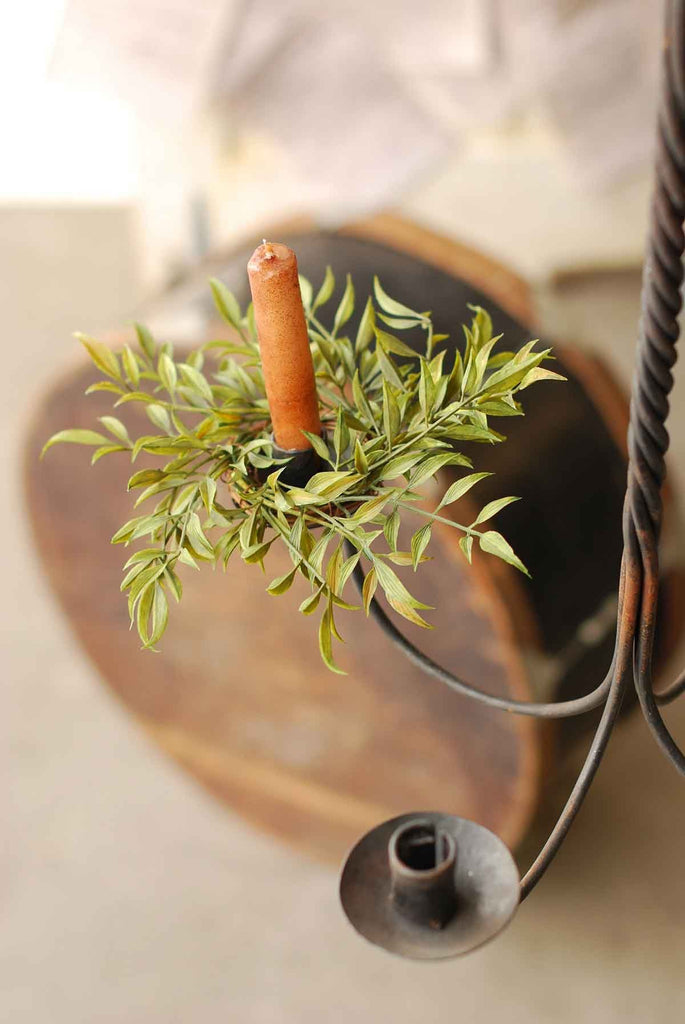 A candelier as seen from above with an orange taper candle.  The candle has a smilax candle ring around the base.