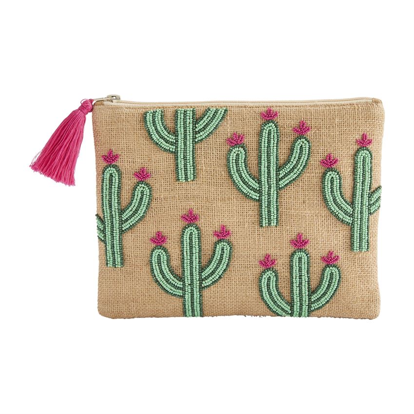 A natural jute case with beaded detail in the shape of cacti with pink flowers on them.  The tassel on the zipper matches the color of the flowers.