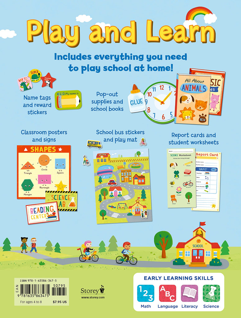 The back cover of I Want to be a Teacher.  The book includes Name Tags, Stickers, Pop Out Supplies, Classroom Posters, a Play Mat showing the path of a school bus, report cards and student worksheets.